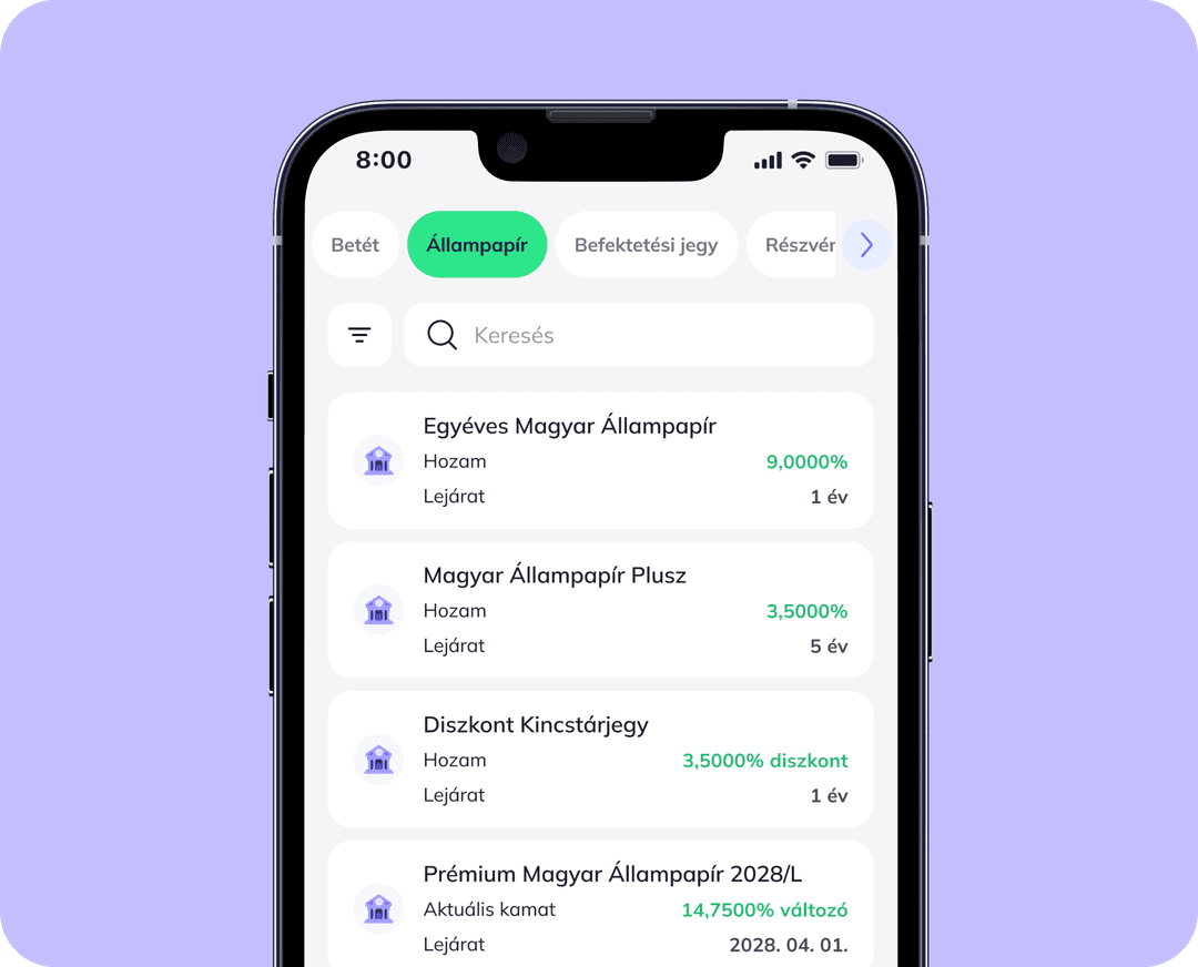 Kép egy mobilról, amin az állampapír menüpont van kiválasztva.