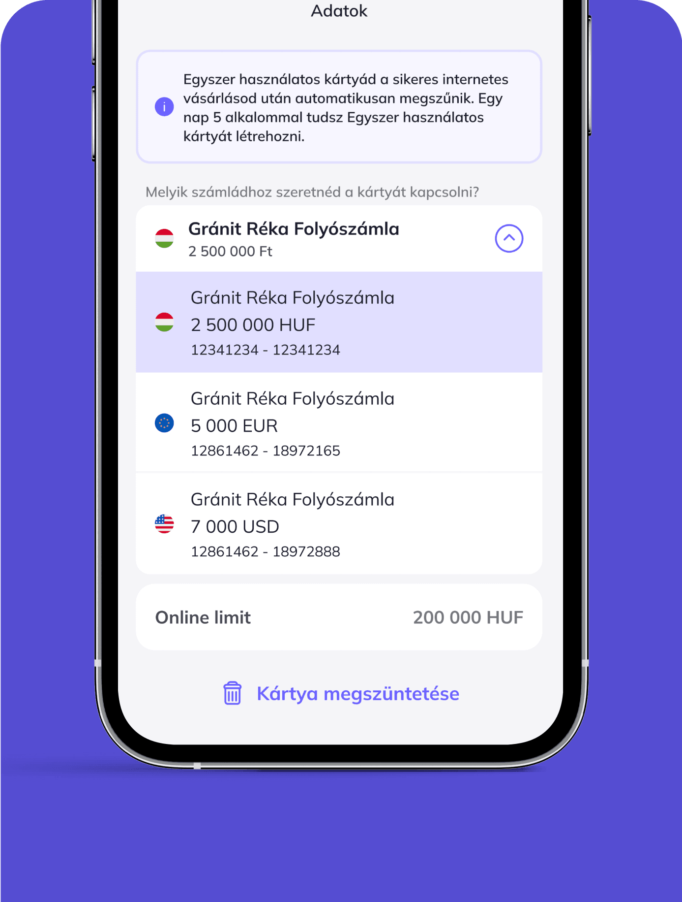 Mobil applikáció ahol több devizanemben is látható kártyák vannak.